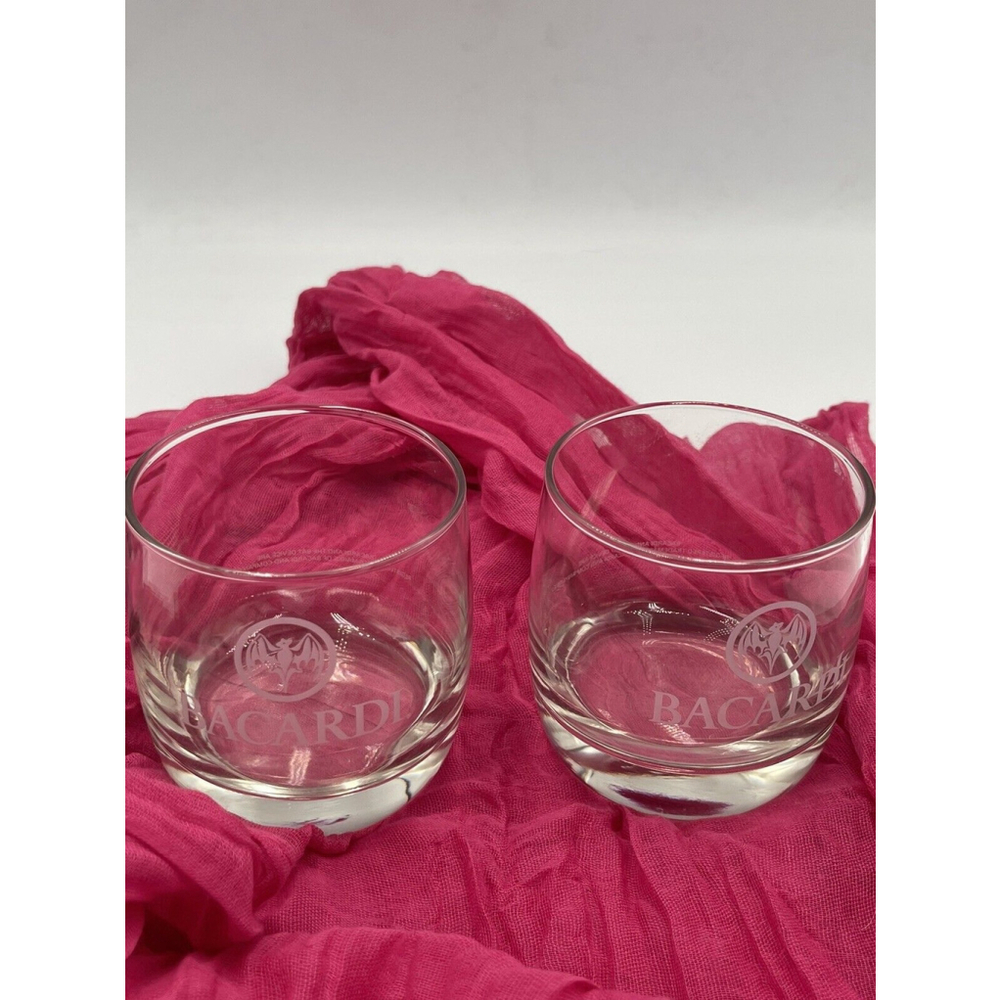Bacardi Cocktail Rocks Lowball Glass Etched Bat Logo Design Set Of 2 EUC